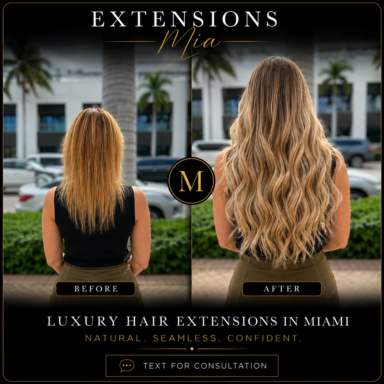 Luxury blonde hair extensions transformation in Miami by Extensions Mia