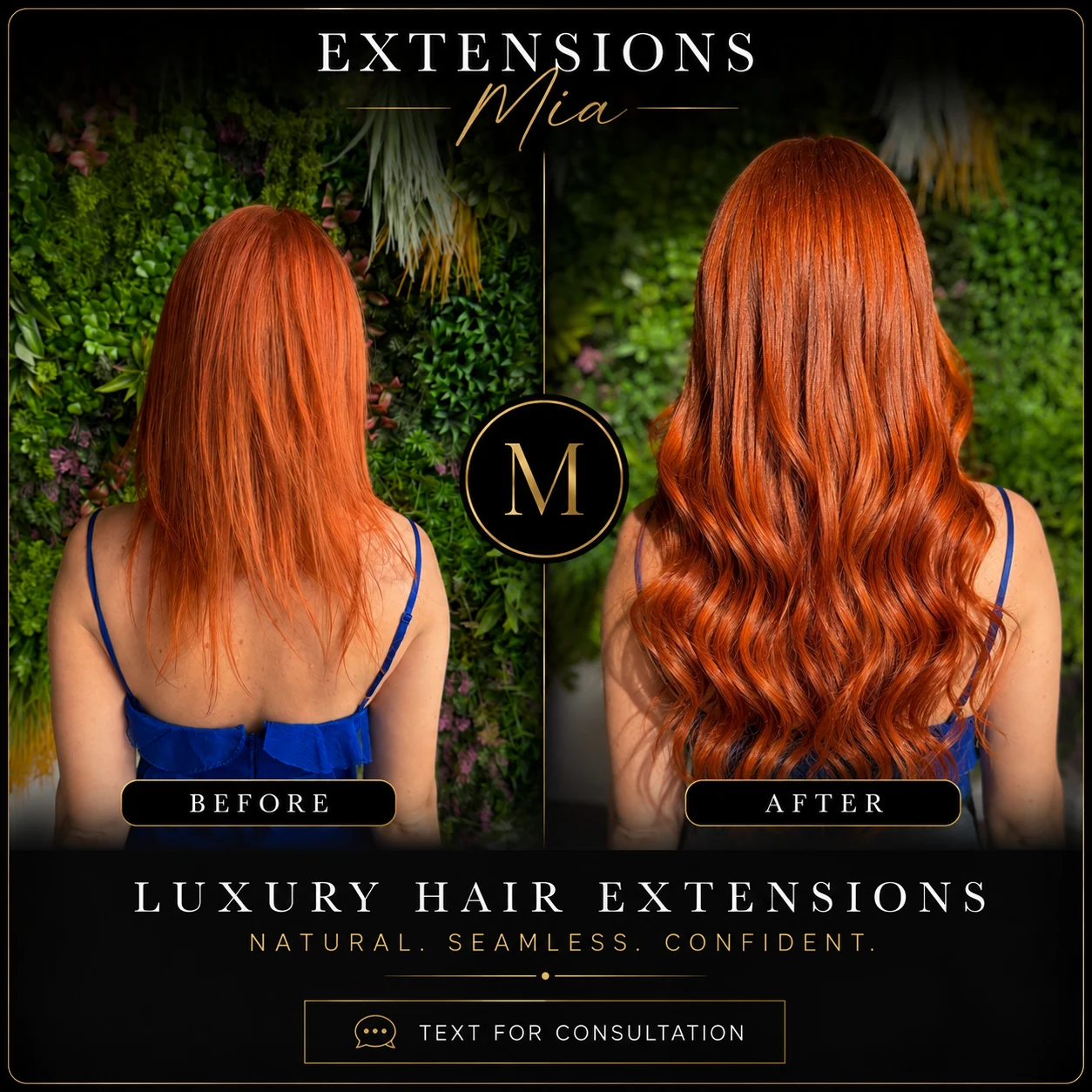 Copper hair extensions before and after transformation in Miami by Extensions Mia